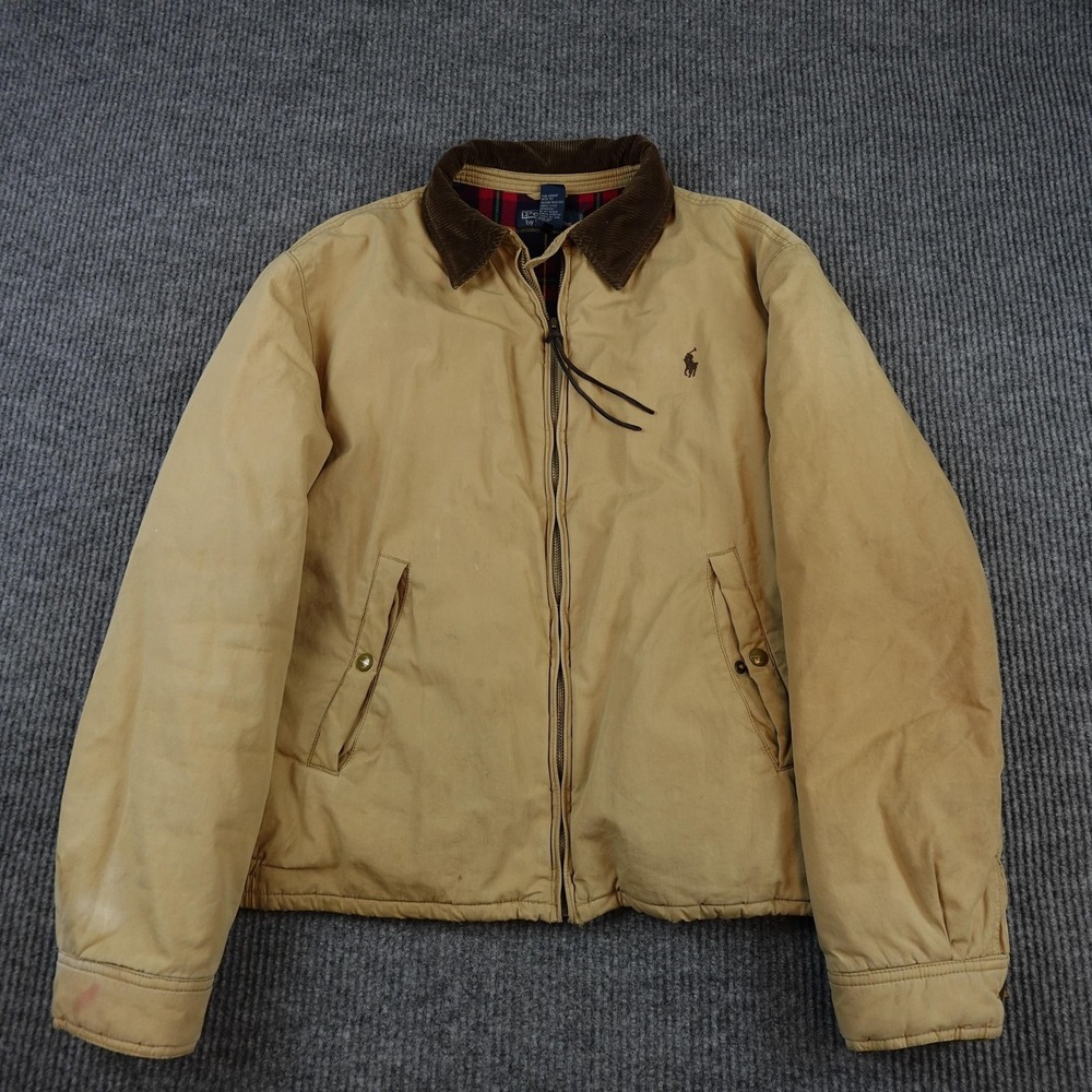 Polo Ralph Lauren Jacket Mens XL Beige Canvas Bomber Plaid Lined Harrington